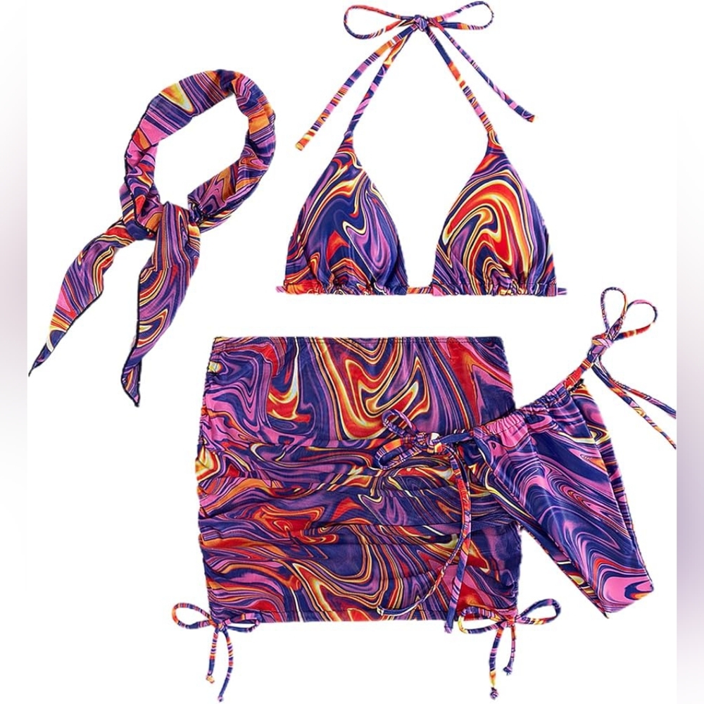 4 Pc Multicolor Bikini Swimsuit Suit with Mesh Beach Skirt & Printed